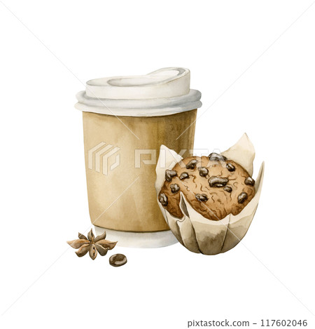 Coffee to go in disposable craft paper cup with Chocolate chip muffin in baking paper and anise star. Watercolor isolated food illustration for cooking book, cafe menu, table textile, packages Coffee to go in disposable craft paper cup with Chocolate chip muffin in baking paper and anise star. Watercolor isolated food illustration for cooking book, cafe menu, table textile, packages 117602046