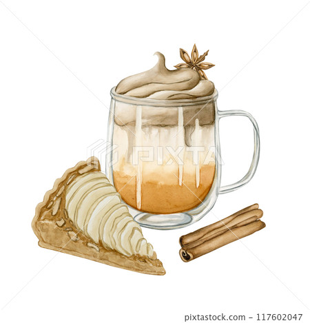 Pumpkin Spice Dalgona Coffee with anise stars and Pear Frangipane Tart with cinnamon sticks. Watercolor isolated food illustration for confectionery design, cafe menu, table textile, packages 117602047