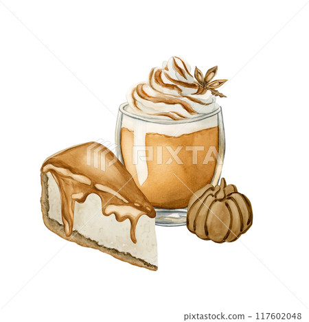 Pumpkin Spice Latte Coffee with whipped cream and anise star, Classic New York Cheesecake slice with caramel and cookie. Watercolor isolated food illustration for cookbook, cafe menu, table textile 117602048
