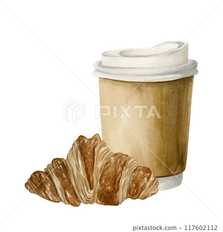 Coffee to go in disposable craft paper cup with Croissant. French puff flaky bakery dessert. Watercolor hand painted isolated food illustration for cooking book, cafe menu, table textile, packages 117602112