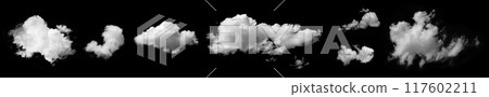 Set collection of white long and small cumulus clouds isolated on black background. Climate, metrology, design element, brush 117602211