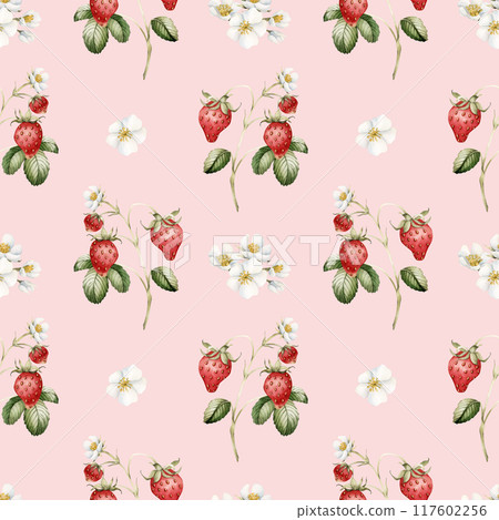 Strawberry, ripe berries with flowers and leaves. Watercolor illustration, floral seamless pattern on peach pink background with summer fruit for table textile, summer fabrics, wrapping, food packages 117602256