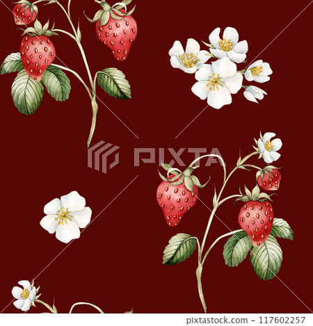 Strawberry, ripe berries with flowers and leaves. Watercolor illustration, floral seamless pattern on burgundy background with summer fruit for table textile, summer fabrics, wrapping and food package 117602257