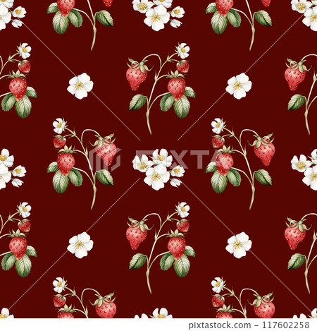 Strawberry, ripe berries with flowers and leaves. Watercolor illustration, floral seamless pattern on burgundy background with summer fruit for table textile, summer fabrics, wrapping and food package 117602258