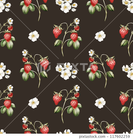 Strawberry, ripe berries with flowers and leaves. Watercolor illustration, floral seamless pattern on dark background with summer fruit for table textile, summer fabrics, wrapping and food packages 117602259