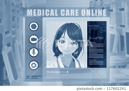 Cartoon image of a female doctor providing medical consultation via an online. 117602261
