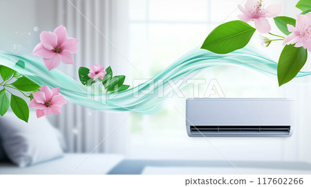 Air conditioner with fresh and cool flow wide waves with green leaf with pink flower in bed room. 117602266