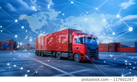 Global network coverage world map,Truck with Industrial Container Cargo for Logistic Import Export at yard and blue sky 117602267