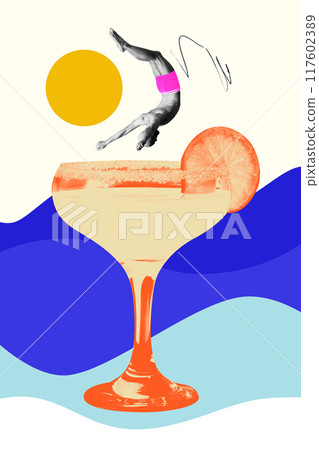 Poster. Contemporary art collage. Diver in vibrant pink trunks flips above tropical cocktail against backdrop of waves and glowing sun. 117602389