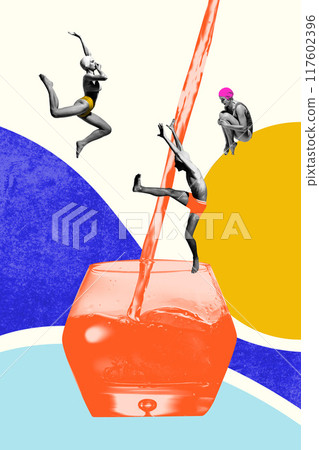 Poster. Contemporary art collage. Three swimmers leap towards flowing stream into vibrant orange glass, each in motion against background's of sea coast. Poster. Contemporary art collage. Three swimmers leap towards flowing stream into vibrant orange glass, each in motion against background's of sea coast. 117602396