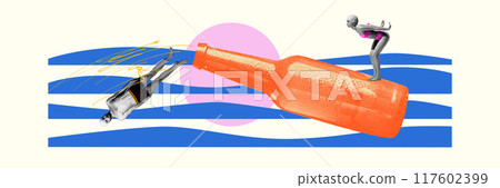 Banner. Contemporary art collage. swimmer gracefully dives off vibrant orange bottle, and dives to sea waves, while another preparing to swim. 117602399