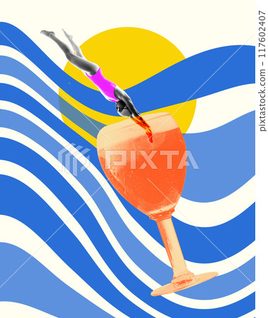 Poster. Contemporary art collage. Bold diver in suit plunges into drink with backdrop of wavy lines and radiant sun. Refreshingly dynamic 117602407