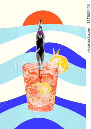 Poster. Contemporary art collage. Hot days. Swimmer dives into vibrant cocktail against retro wavy background, as coast. Poster. Contemporary art collage. Hot days. Swimmer dives into vibrant cocktail against retro wavy background, as coast. 117602408