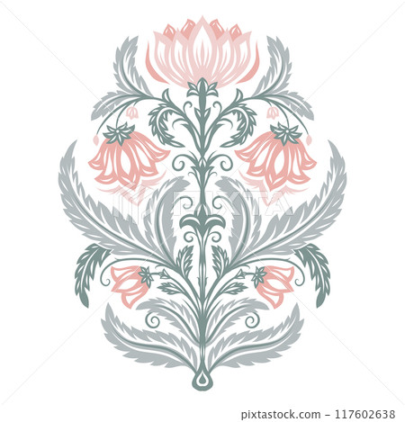 Vector decorative folk art illustration in delicate colors on white background. Floral symmetrical clip art with pink cornflowers and foliage 117602638