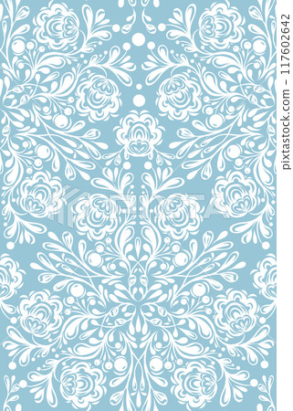Vector decorative seamless pattern with white ornate lace on blue background. Surface design of delicate floral ornament 117602642