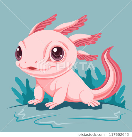 Vector illustration of cute pink axolotl in cartoon style. Postcard with cute amphibian 117602643