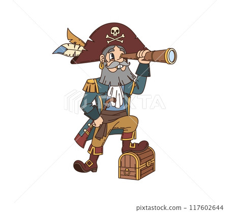 Cartoon groovy pirate and corsair character. Isolated vector bearded captain personage stands confidently with foot on a treasure chest looking through a spyglass, searching horizon for adventure 117602644