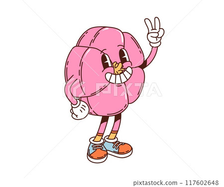 Cartoon groovy japanese namagashi dessert character. Vibrant pink pastry with a cheerful smile, expressive face and peace sign, embodying the lively and essence of traditional japanese sweets 117602648