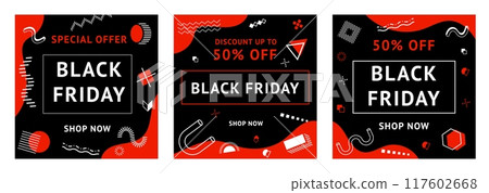 Black Friday sale banners with Memphis shapes and abstract geometric pattern. Vector promotional ads cards in black and red colors announcing discount and price off deals, retail promotional templates 117602668