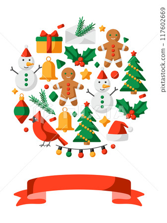 Merry Christmas greeting card. Holiday illustration in cartoon style. 117602669