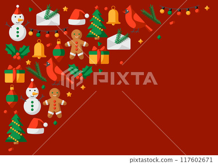Merry Christmas greeting card. Holiday illustration in cartoon style. Merry Christmas greeting card. Holiday illustration in cartoon style. 117602671