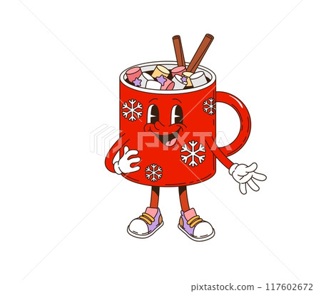 Retro groovy Christmas coffee character with marshmallows. Isolated cartoon vector festive coffee mug, decorated with snowflakes and cinnamon sticks. Red porcelain cup with happy face and sneakers 117602672