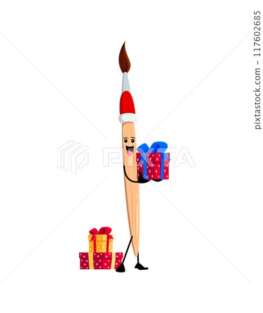 Cartoon Christmas paintbrush school education item character, gleefully holds a gift box, with a cheerful smile. Isolated vector festive paint brush personage celebrates holiday with creative spirit 117602685