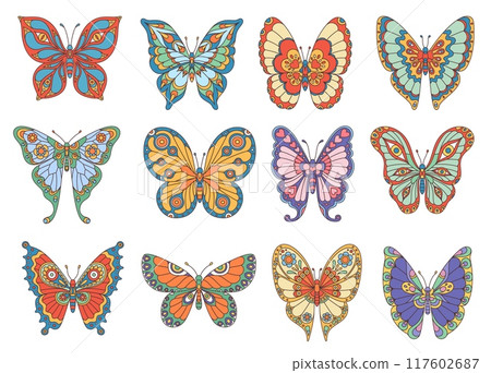 Groovy butterflies with ornament wings in 70s hippie art, vector decoration. Groovy butterfly in retro cartoon design, monarch or machaon moth with funky colorful floral pattern ornament on wings 117602687