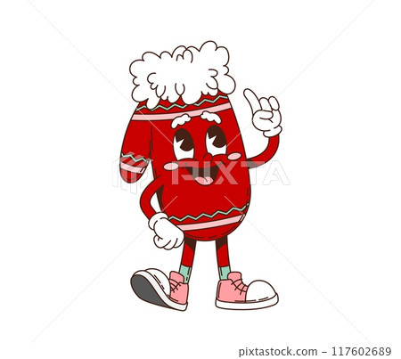 Retro groovy Christmas mitten character. Isolated cartoon vector cheerful festive winter clothes. Knit mitten holiday personage with smiling face and fluffy white cuff with confident pointing gesture 117602689