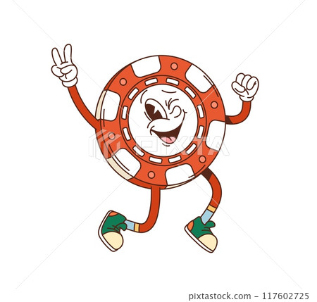 Retro groovy funky casino chip character with big smile and vintage shoes, joyfully dancing and making a peace sign. Isolated cartoon vector gamble game personage evokes feelings of fun and positivity 117602725