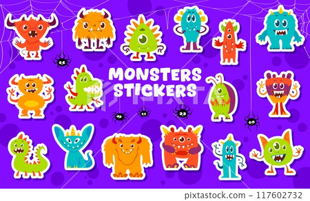 Cartoon funny monster characters stickers. Vector set of patches with fun, spooky, lively and whimsical creatures with playful faces, multiple eyes or horns, surrounded by spiders and cobwebs Cartoon funny monster characters stickers. Vector set of patches with fun, spooky, lively and whimsical creatures with playful faces, multiple eyes or horns, surrounded by spiders and cobwebs 117602732