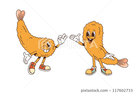 Retro Japanese shrimp ebi tempura groovy characters. Playful vector asian seafood personages with friendly expressions and poses, wearing sneakers and gloves, capturing a fun and whimsical retro vibe 117602733