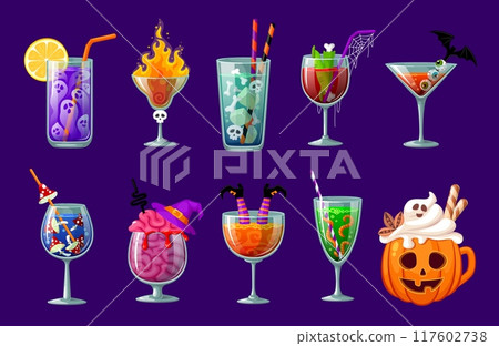 Halloween cocktails. Happy Halloween holiday, autumn season celebration, fall season witchcraft or horror party cocktail drinks glasses vector icons set with skulls, zombie fingers and brain, mushroom 117602738