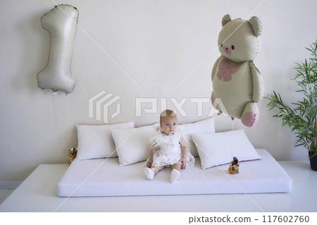 photo session on the first birthday of a baby girl, in pastel colors, minimalism 117602760