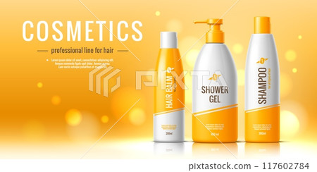 Cosmetic product template. Hair balm, shampoo and shower gel bottles package. realistic 3d vector cosmetics container mockups on bright orange background with bokeh effect. Skin care professional line 117602784