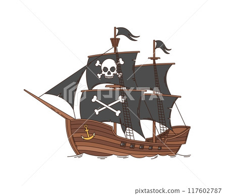 Cartoon groovy pirate and corsair sailing ship. Isolated vector old sea frigate with black sails, jolly roger skull, flag and wooden hull. Buccaneer brigantine on ocean waves, ready for adventure Cartoon groovy pirate and corsair sailing ship. Isolated vector old sea frigate with black sails, jolly roger skull, flag and wooden hull. Buccaneer brigantine on ocean waves, ready for adventure 117602787