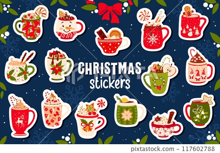 Stickers pack of Christmas chocolate and eggnog drinks cups, vector Xmas holidays. Cartoon mugs of Christmas egg milk punch eggnog, hot chocolate and coffee beverages with candy, marshmallow and cream Stickers pack of Christmas chocolate and eggnog drinks cups, vector Xmas holidays. Cartoon mugs of Christmas egg milk punch eggnog, hot chocolate and coffee beverages with candy, marshmallow and cream 117602788