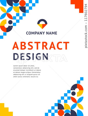 Abstract business poster with geometric elements. Vector vertical card template capturing attention for a contemporary business aesthetics. Modern pattern, merging vibrant red, yellow and blue colors Abstract business poster with geometric elements. Vector vertical card template capturing attention for a contemporary business aesthetics. Modern pattern, merging vibrant red, yellow and blue colors 117602794