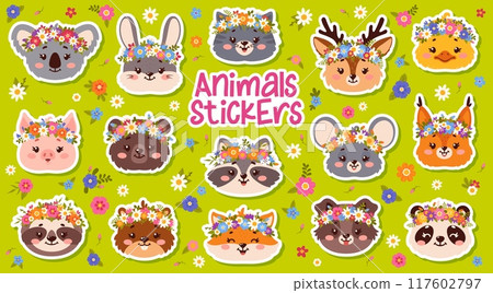 Cute animal stickers with flower crowns. Koala, rabbit, cat and deer, chick or pig. Bear raccoon, mouse and fox, puppy, sloth, panda or squirrel with hedgehog. Cartoon vector pets with floral wreaths 117602797