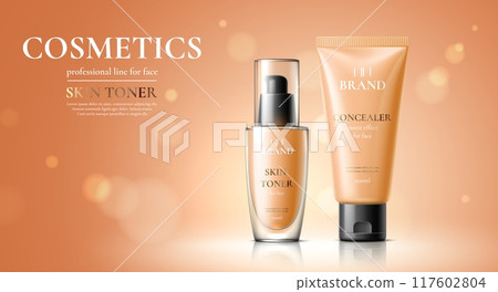 Women cosmetic product template with concealer tube and skin toner bottle package, vector ad poster. Women skincare bottles mockups of skin toner and face imperfection concealer with matte effect 117602804