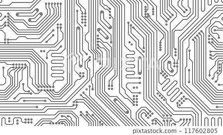 Motherboard pattern of computer circuit board, vector seamless background. Motherboard or circuit board pattern of microchip or PC computer chip technology and chipset processor circuit lines 117602805