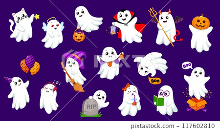 Cartoon kawaii Halloween ghosts characters. Isolated vector set of cute smiling spooks flying, having fun, wear adorable costumes and adding a charming and playful touch to spooky season celebration 117602810