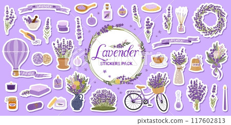 Lavender cosmetics and flowers sticker pack features charming lavender-themed patches, including bouquets, pot, vase, wreath, hot air balloon and products like hy, soap and oil, candles, tea, cream 117602813