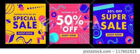 Sale banners with abstract geometric Memphis shapes. Discounts up to 50 percent off. Vector vibrant square cards, shop retail advertising templates for promoting seasonal deals or attracting customers 117602815
