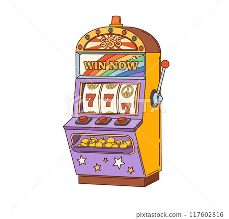 Retro cartoon casino slot machine. Isolated vector one armed bandit features a winning combination of three lucky sevens on screen. Vegas gambling game equipment, casino and vintage gaming attraction 117602816