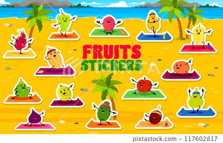 Cartoon fruit characters on summer beach yoga fitness, stickers pack. Vector playful fruits enjoying fitness activities and exercises on a yoga mats, on sunny beach with palm trees and a serene ocean Cartoon fruit characters on summer beach yoga fitness, stickers pack. Vector playful fruits enjoying fitness activities and exercises on a yoga mats, on sunny beach with palm trees and a serene ocean 117602817