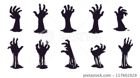 Halloween cemetery zombie hands silhouettes. Vector set of black spooky arms, sticking out of the ground, capturing eerie and chilling vibes. Graveyard horror night with creepy reaching human limbs 117602829