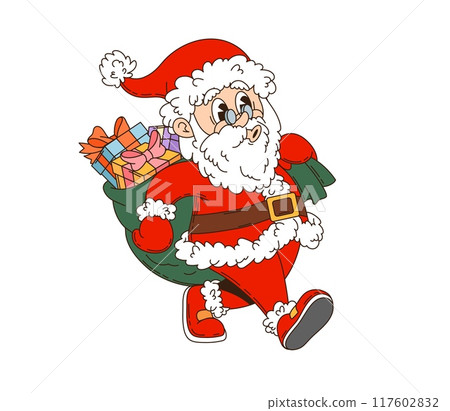 Retro groovy Christmas Santa character with a bag full of presents, marching forward. Isolated cartoon vector Noel in classic red suit, white beard, and jolly expression capture festive spirit of Xmas 117602832