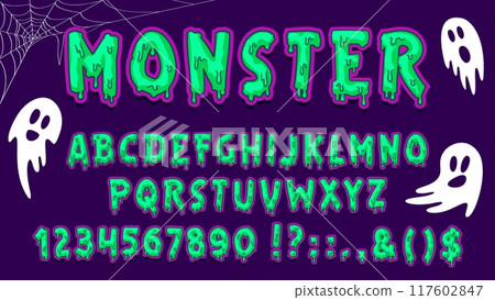 Halloween scary font, monster type, zombie typeface, spooky Helloween alphabet vector typography set. Vector green slime letters and numbers font with Halloween holiday horror ghost characters Halloween scary font, monster type, zombie typeface, spooky Helloween alphabet vector typography set. Vector green slime letters and numbers font with Halloween holiday horror ghost characters 117602847