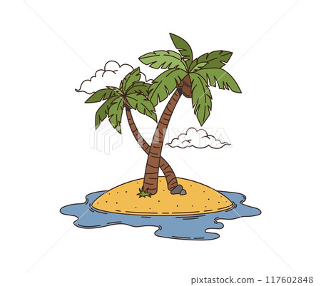 Cartoon groovy pirate island with palm trees standing under the cloudy sky, surrounded by sand and sea. Isolated vector paradise land with tall and slender palm trees swaying in the tropical breeze Cartoon groovy pirate island with palm trees standing under the cloudy sky, surrounded by sand and sea. Isolated vector paradise land with tall and slender palm trees swaying in the tropical breeze 117602848